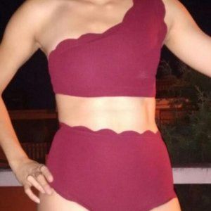 NEW ZAFUL High Waisted Bikini Set Scalloped Hem One Shoulder Merlot Colour US 8